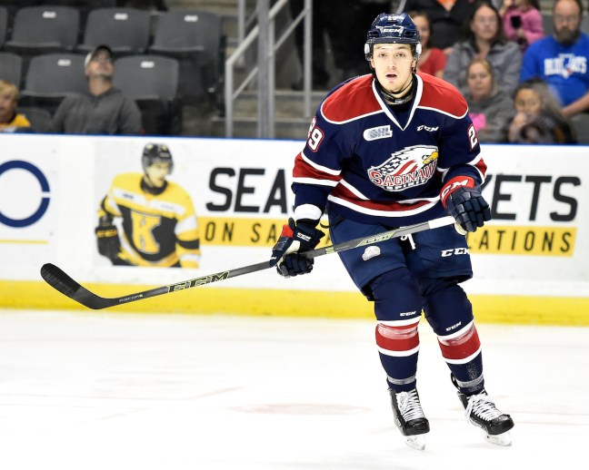 Hayden Hodgson of the Saginaw Spirit. Photo by Aaron Bell/OHL Images
