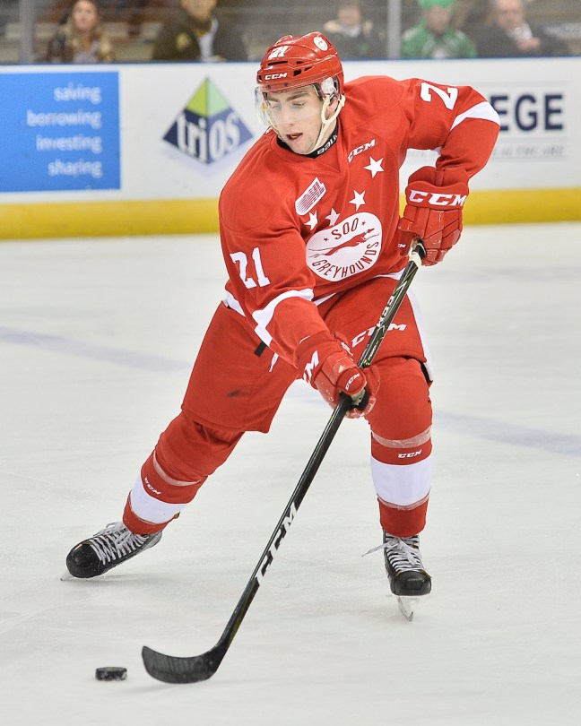 Conor Timmins of the Sault Ste. Marie Greyhounds. Photo by Terry Wilson / OHL Images.