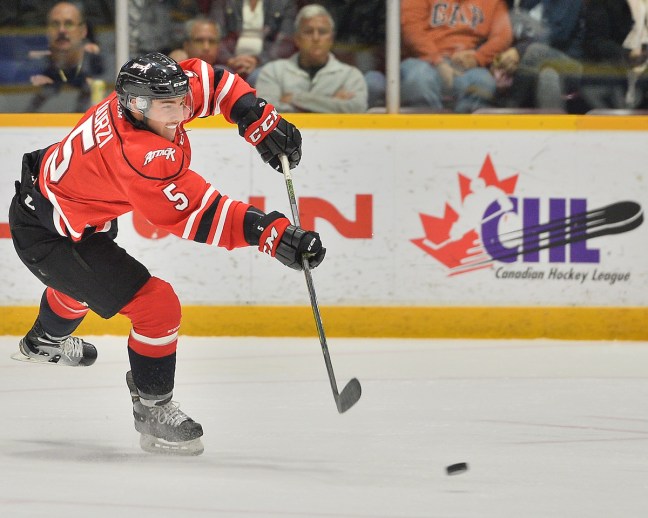 Sean Durzi of the Owen Sound Attack. Photo by Terry Wilson / OHL Images.