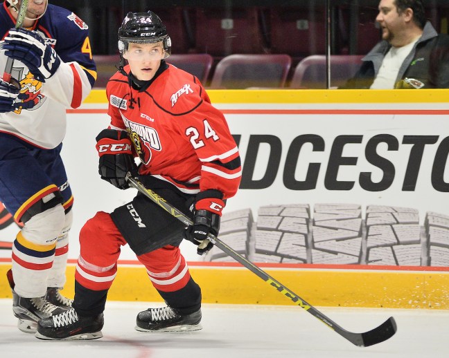 Maksim Sushko of the Owen Sound Attack. Photo by Terry Wilson / OHL Images.