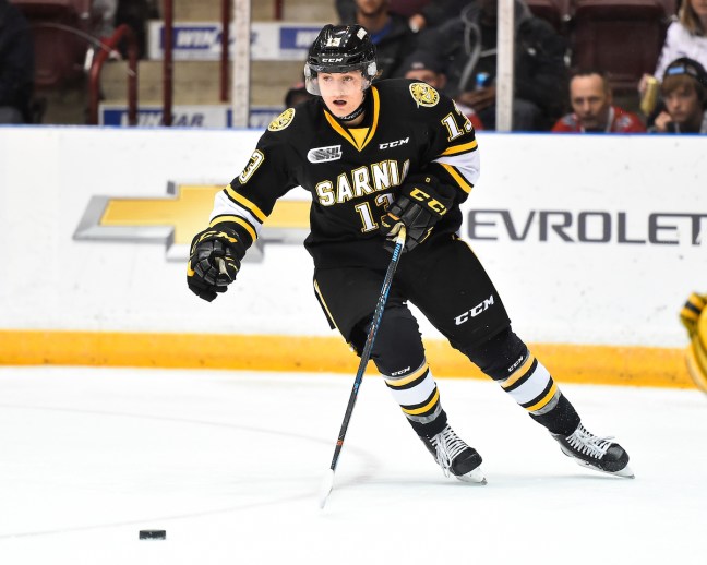 Brady Hinz of the Sarnia Sting. Photo by Aaron Bell/OHL Images