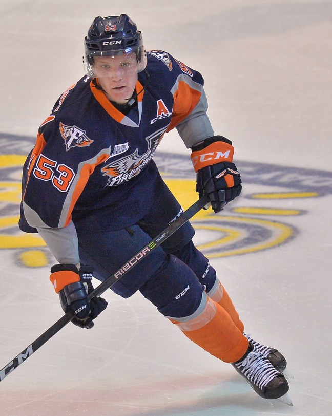 Ty Dellandrea of the Flint Firebirds. Photo by Terry Wilson / OHL Images.