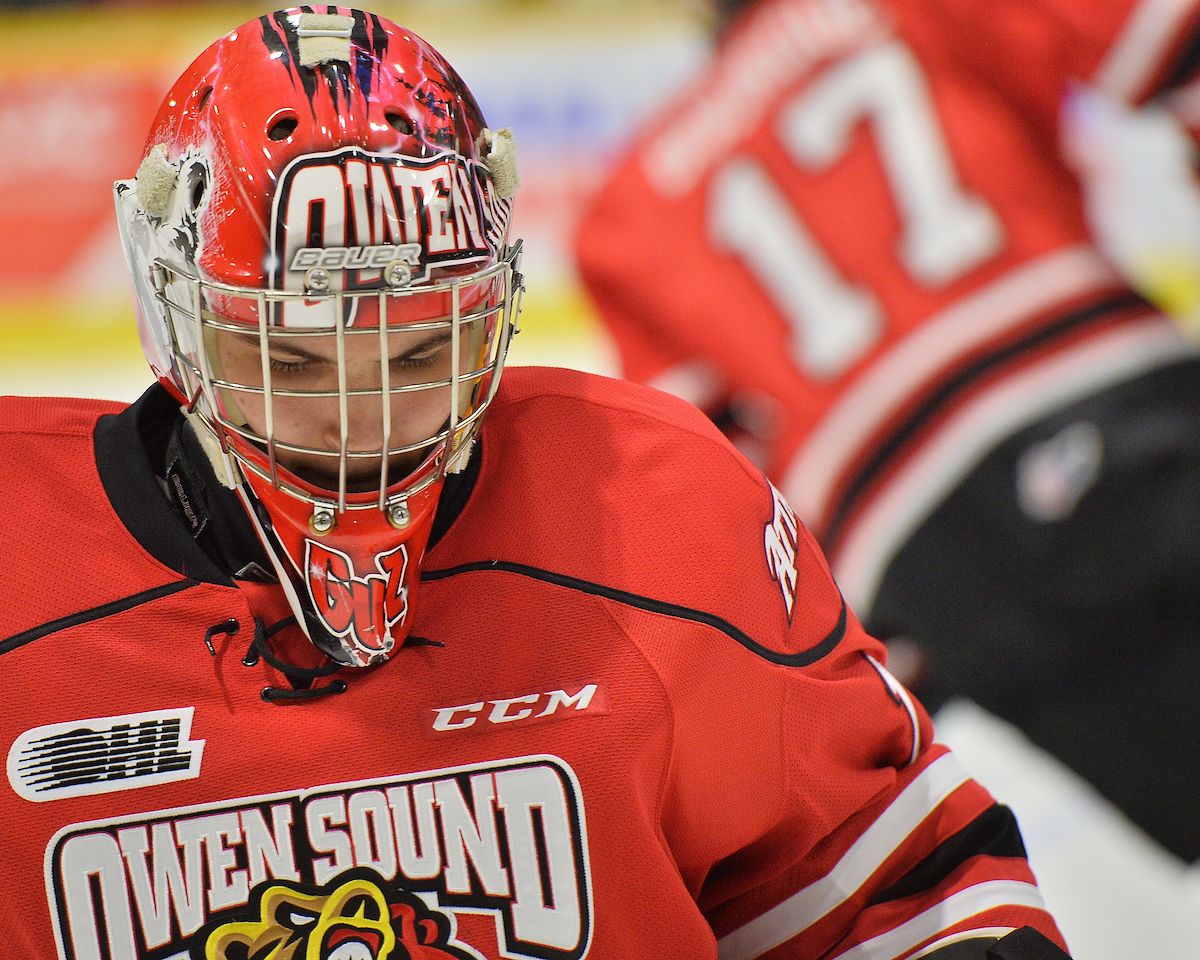 Mack Guzda of the Owen Sound Attack. Photo by Terry Wilson / OHL Images.
