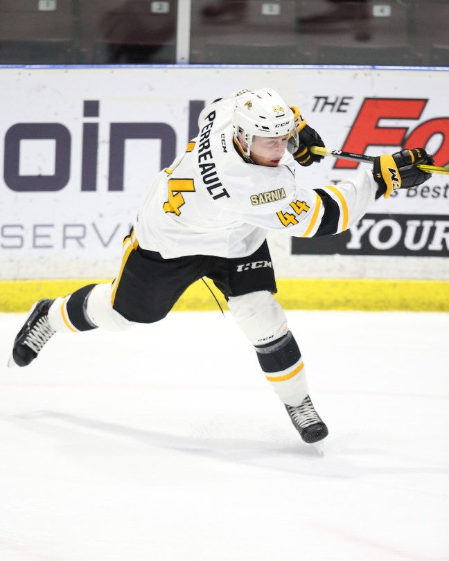 Jacob Perreault of the Sarnia Sting. Photo by Luke Durda/OHL Images